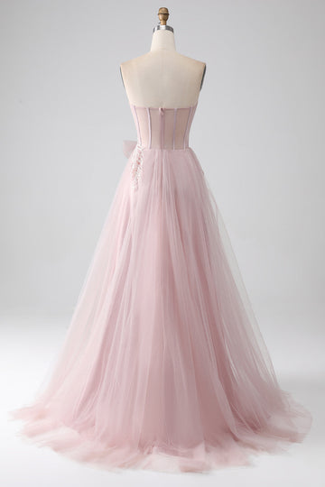 Sparkly A Line Sweetheart Strapless Tulle Ball Dress with Bow